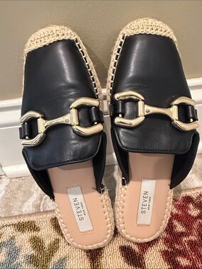 Seven7 Black Leather Espadrille Mule with Gold Horsebit